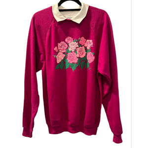 Vintage Morning Sun Hanes Size XL Pullover Sweater Roses Magenta White Collar
